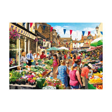 Colorful outdoor market scene Puzzle with people shopping and stalls displaying goods.