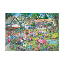 Illustration of a village scene with people gathered in a town square.