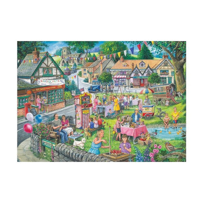 Illustration of a village scene with people gathered in a town square.