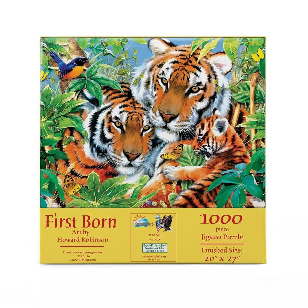 Sunsout First Born tiger family 1000 piece jigsaw puzzle with jungle scene and cub wildlife artwork