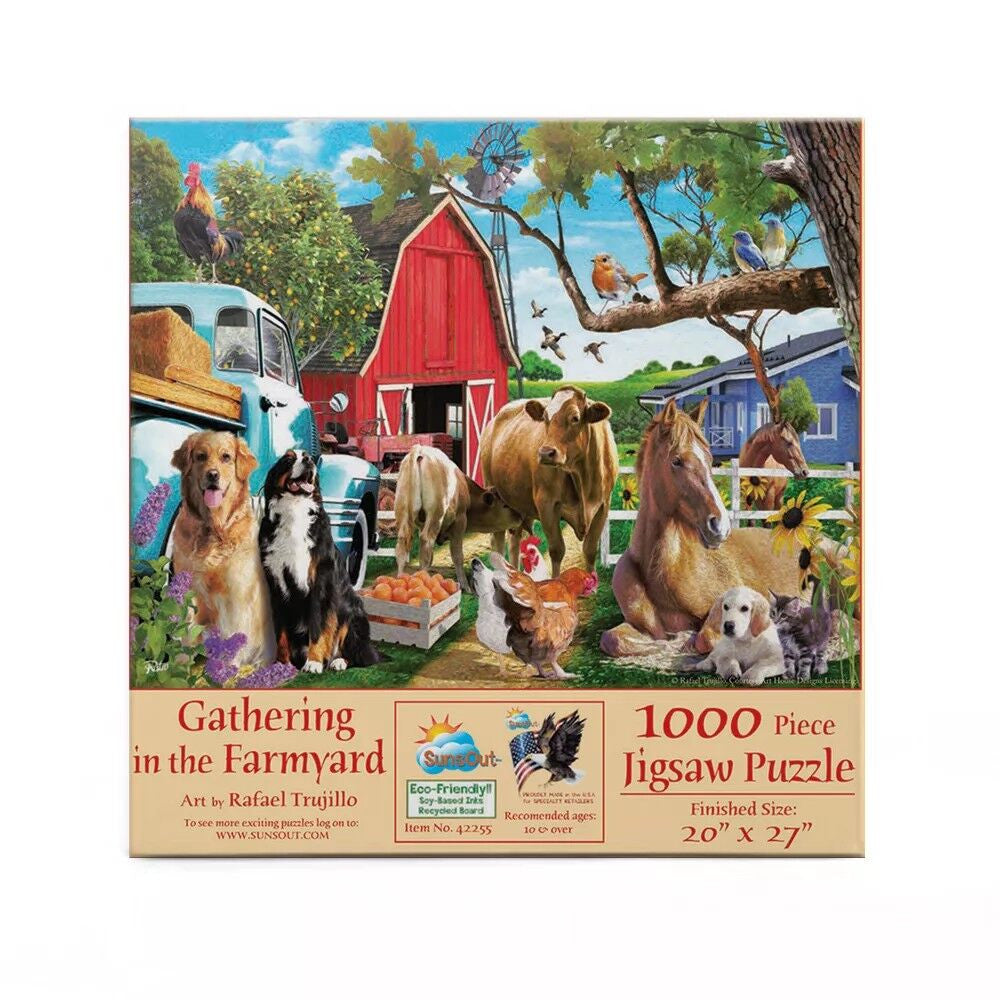 Gathering in the Farmyard 1000 piece jigsaw puzzle with barn, farm animals and countryside scene