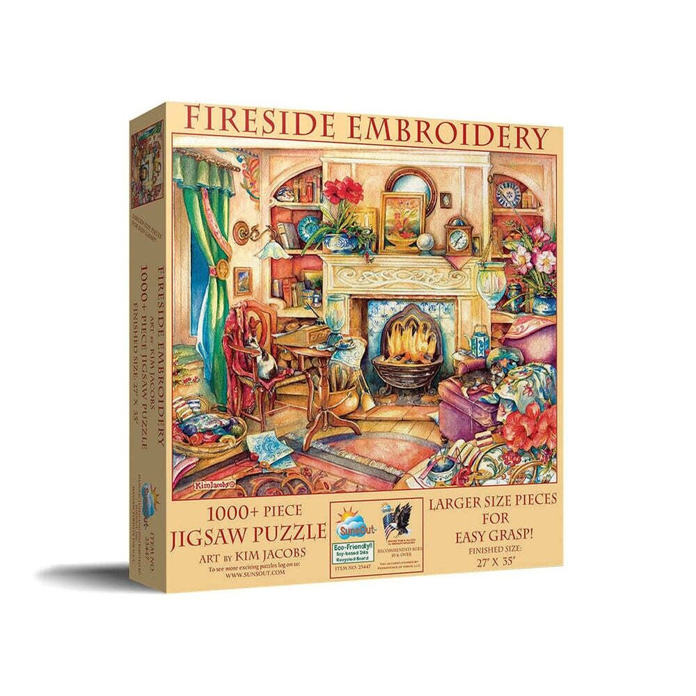 Fireside Embroidery 1000 piece jigsaw puzzle with cosy fireplace scene and large easy-grip pieces