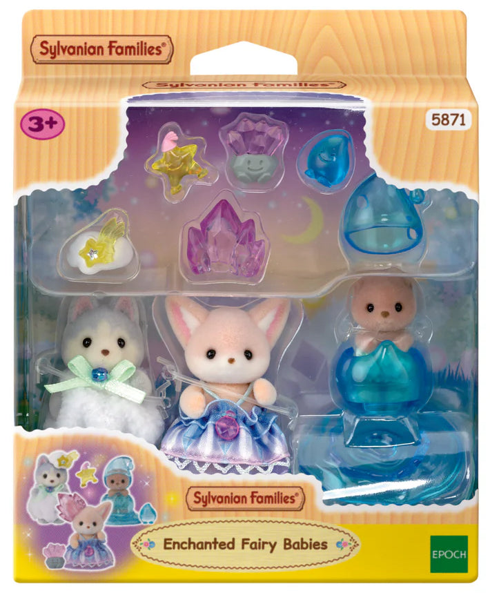 Sylvanian Families Enchanted Fairy Babies 5871 set featuring Fennec Fox, Husky and Sea Otter baby figures with magical accessories