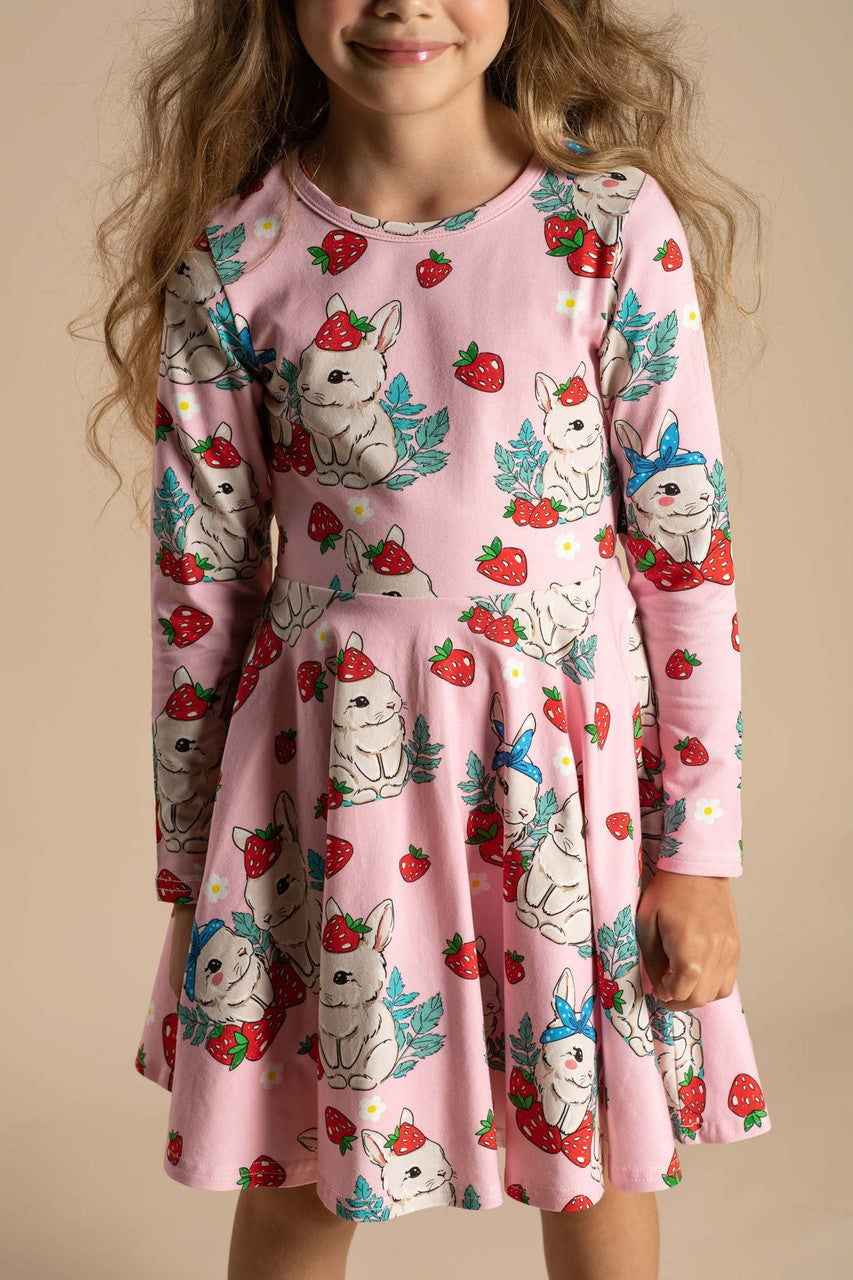 Rock Your Baby - Berry Bunny Long Sleeve Waisted Dress