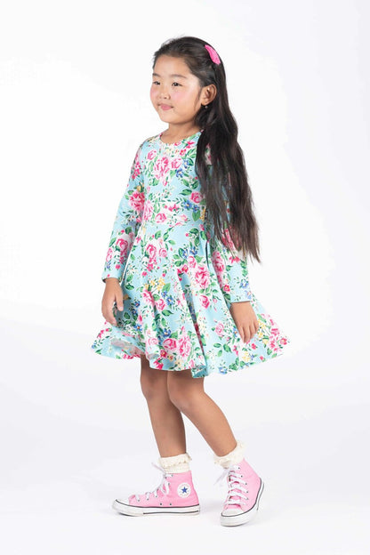 Rock Your Baby - Blue Garden Waisted Dress (sizes 2-7)