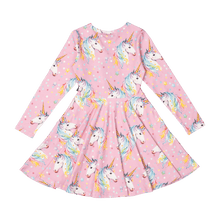 Rock Your Baby - Dotty Unicorn Long Sleeve Waisted Dress (sizes 2-7)