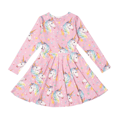 Rock Your Baby - Dotty Unicorn Long Sleeve Waisted Dress (sizes 8-12)
