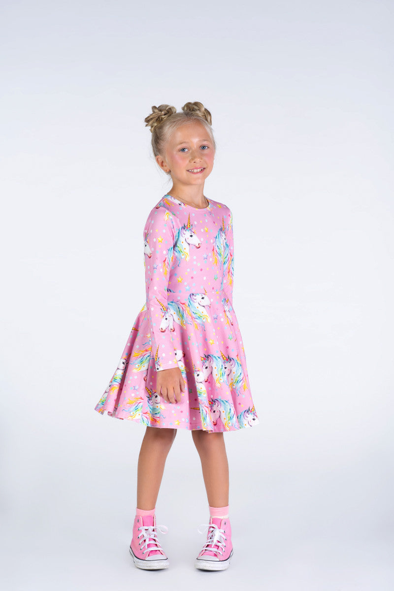 Rock Your Baby - Dotty Unicorn Long Sleeve Waisted Dress (sizes 2-7)