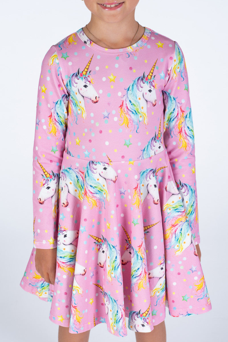 Rock Your Baby - Dotty Unicorn Long Sleeve Waisted Dress (sizes 8-12)