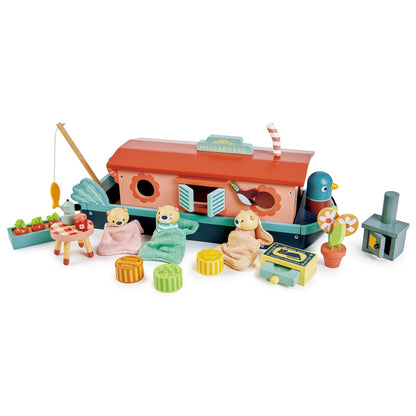 Tender Leaf Toys Little Otter Canal Boat with removable roof, three otter characters, miniature furniture, sleeping bags, wood-burning stove, fishing rod, pretend food and household accessories.