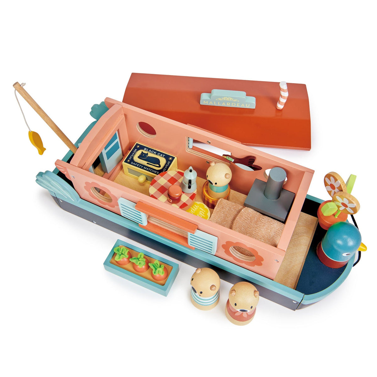 Overhead view of Tender Leaf Toys Little Otter Canal Boat with roof removed to reveal the furnished wooden houseboat interior, including sleeping area, miniature table, stove and storage accessories.