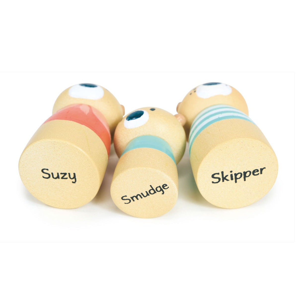 Three wooden otter family figures from the Tender Leaf Toys Little Otter Canal Boat playset, showing Suzy, Smudge and Skipper with their names printed underneath.