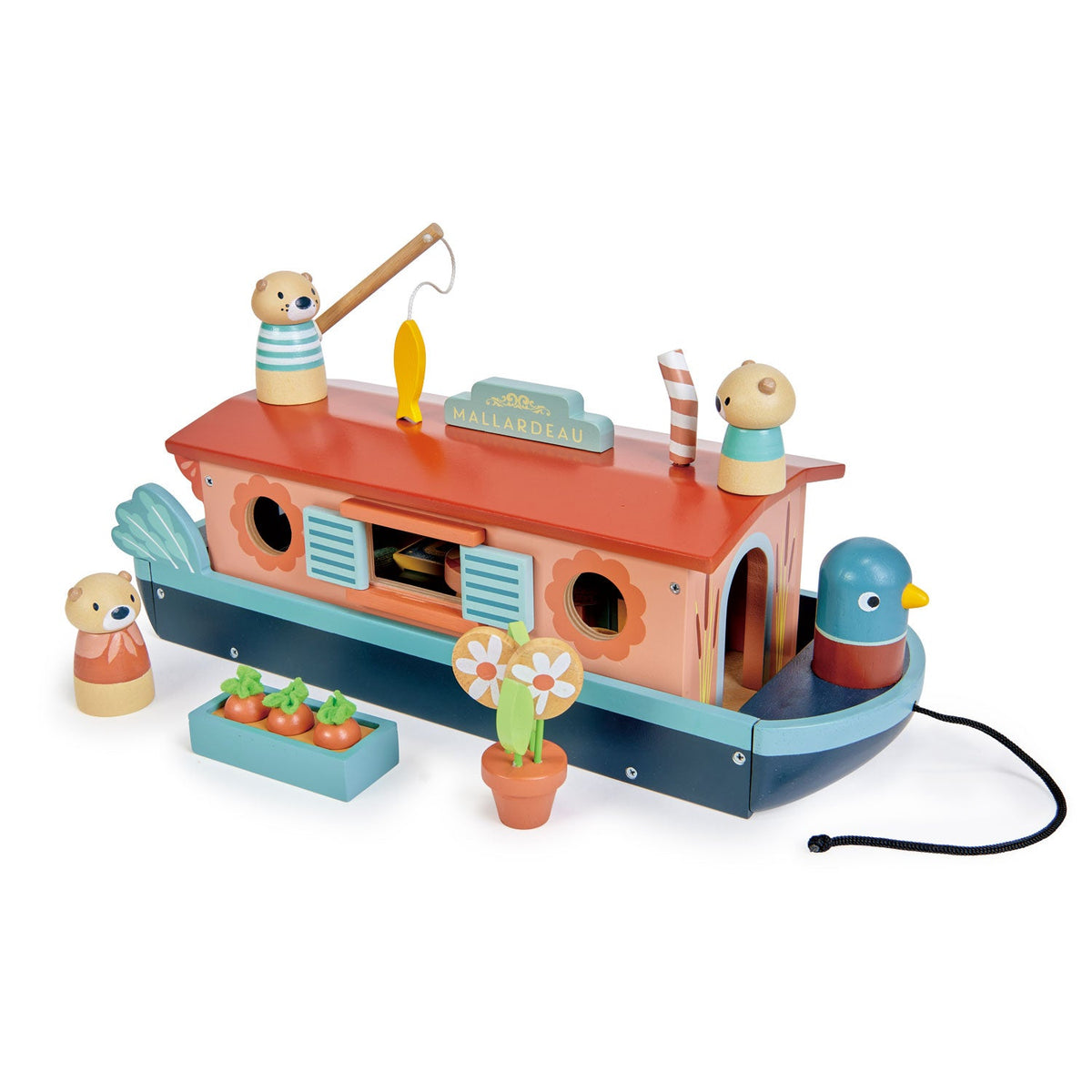 Tender Leaf Toys Little Otter Canal Boat wooden playset featuring the colourful Mallardeau houseboat with three otter figures, fishing rod, duck figure, flower pot and vegetable planter.