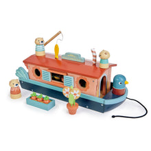 Tender Leaf Toys Little Otter Canal Boat wooden playset featuring the colourful Mallardeau houseboat with three otter figures, fishing rod, duck figure, flower pot and vegetable planter.
