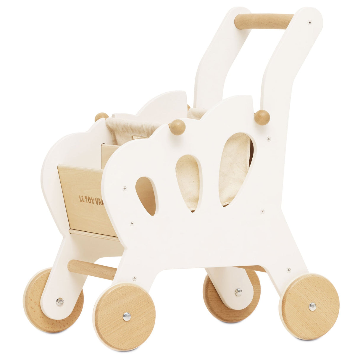 White and beige toy pushchair with wooden wheels on a white background