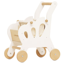White and beige toy pushchair with wooden wheels on a white background