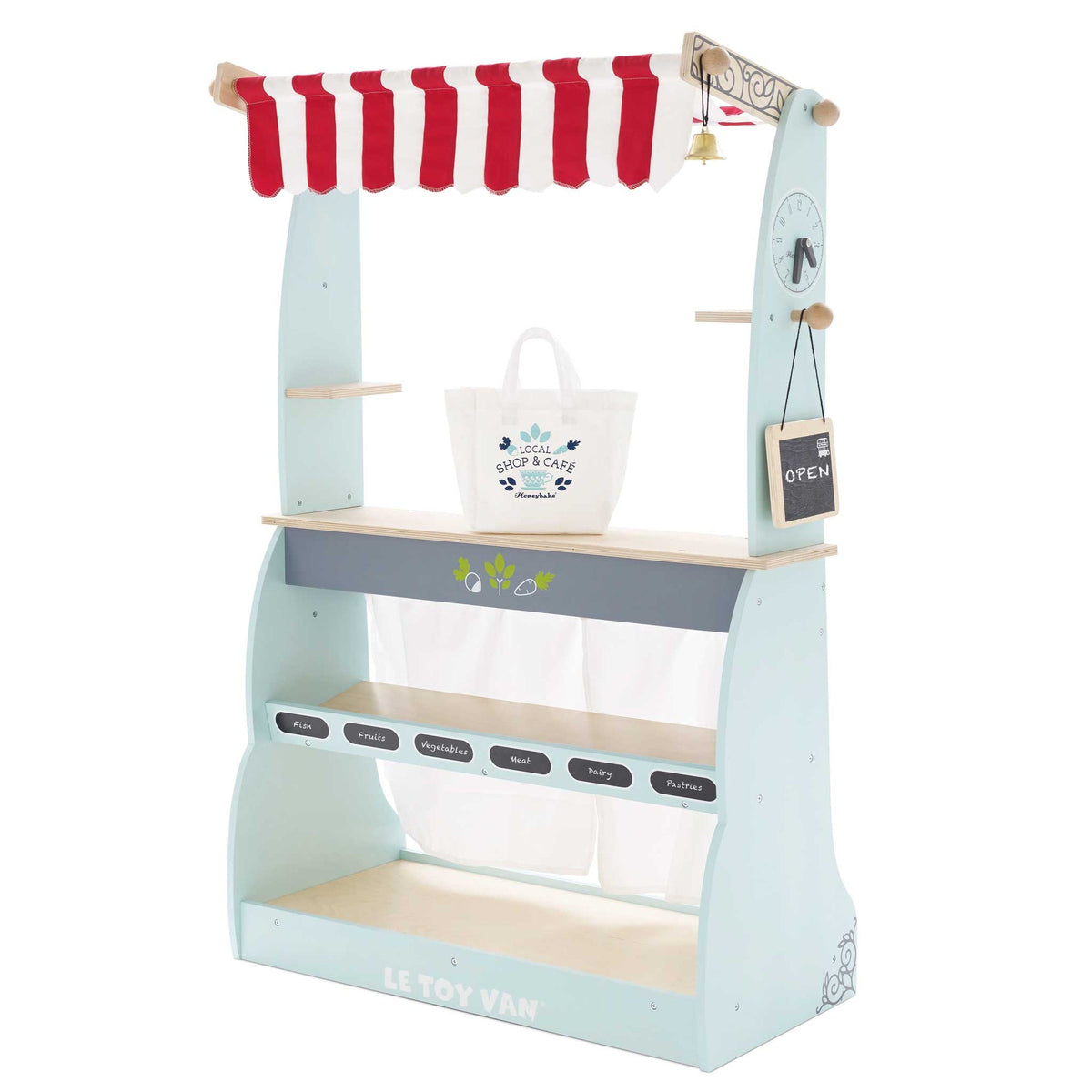 Le Toy Van Wooden Shop & Café Market Stand in pastel blue with a red and white striped canopy, display shelves, shopping bag, hanging chalkboard sign, clock and brass bell.