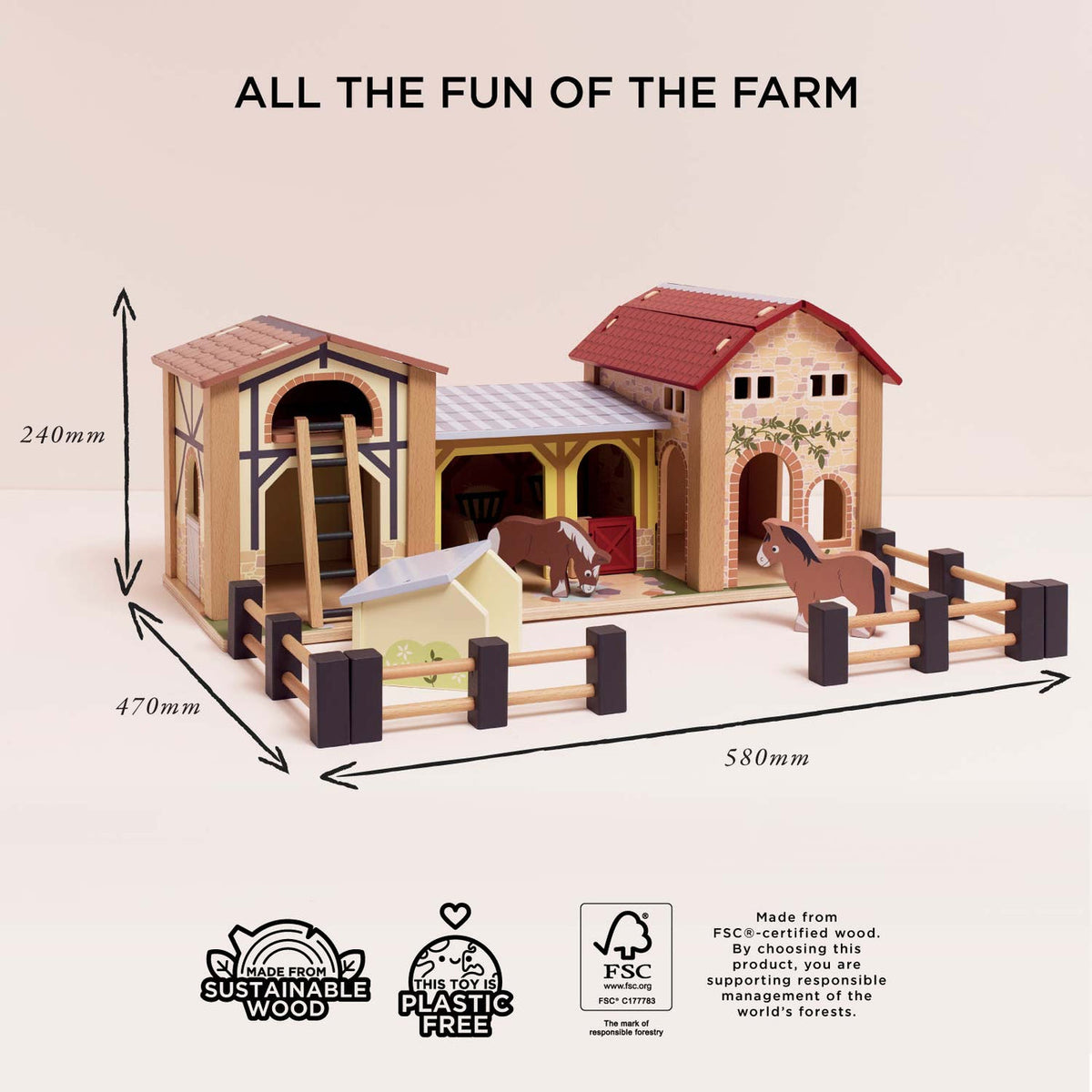 Le Toy Van Wooden Farmyard Set dimensions diagram showing the assembled farmyard measuring 58 cm wide, 47 cm deep and 24 cm high, made from FSC-certified wood.