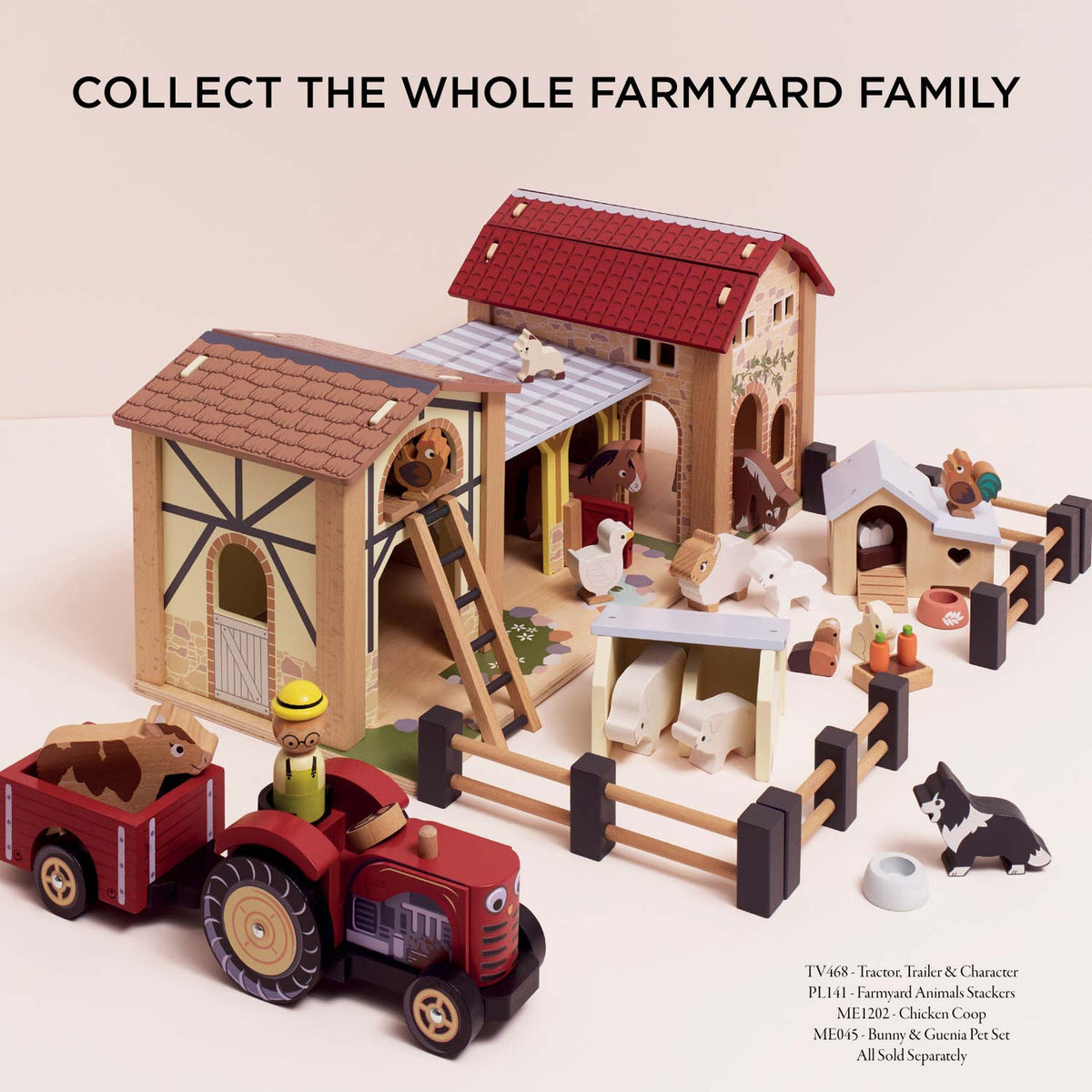 Le Toy Van Wooden Farmyard Set displayed with additional farm-themed toys including a tractor, trailer, farmer, animals, chicken coop and pet accessories, all sold separately.
