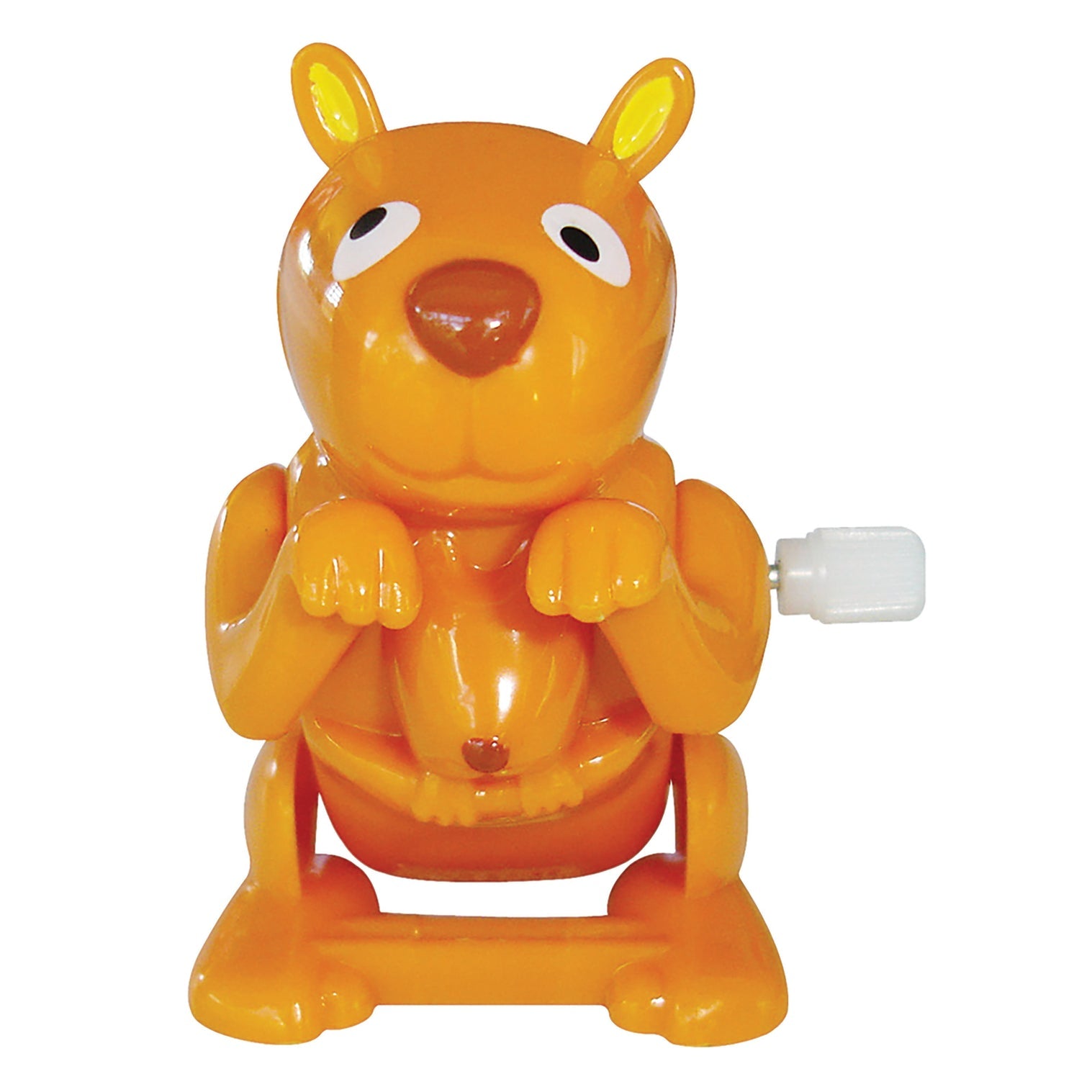 An orange plastic wind-up kangaroo toy with a white hand crank on the side, shown against a plain white background.