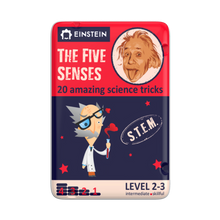 Educational book cover titled 'The Five Senses' with cartoon characters on a white background