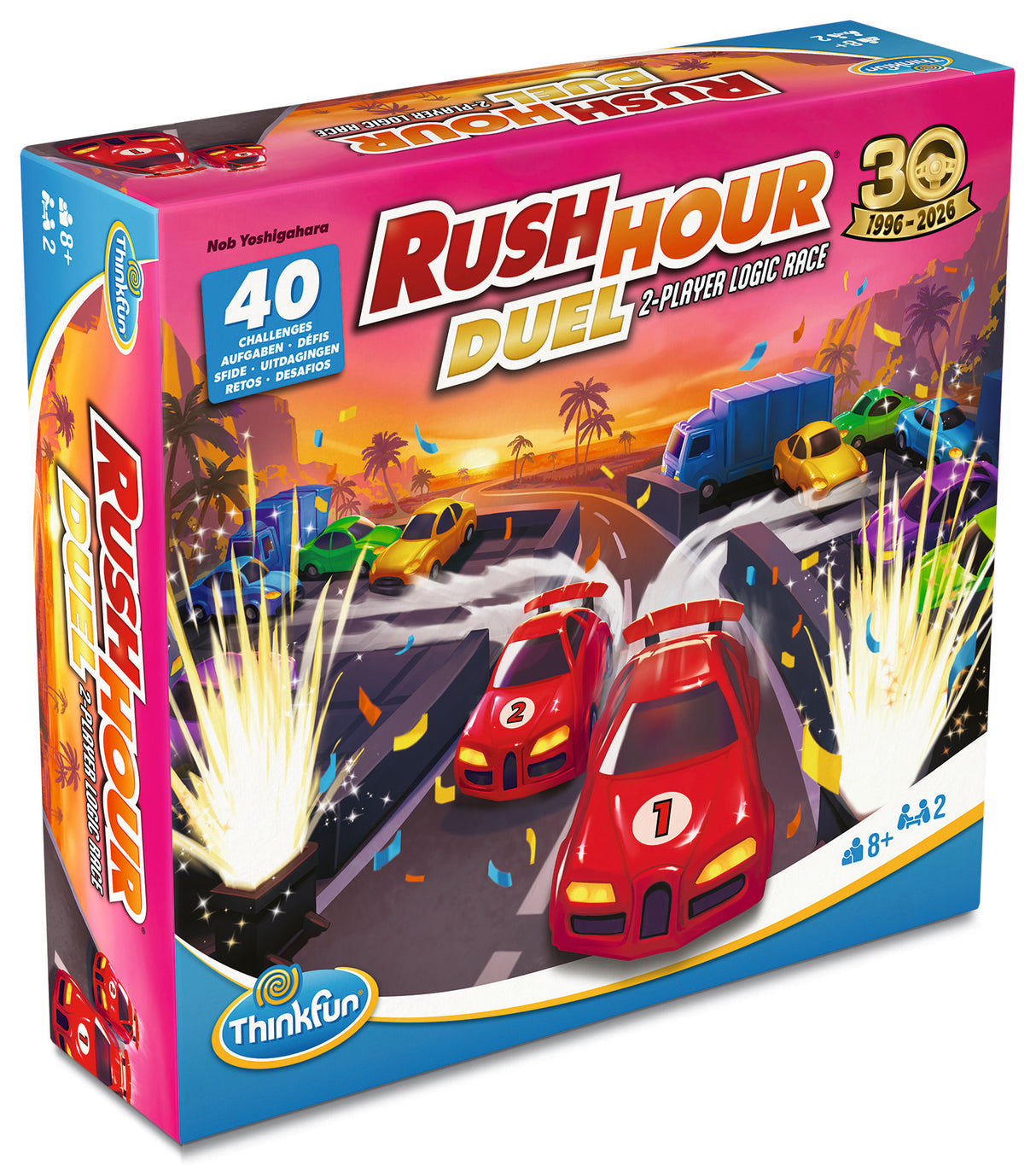 Board game packaging for 'Rush Hour Duel' by ThinkFun with colorful design and racing theme.