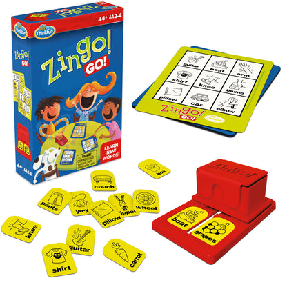 ThinkFun Zingo! GO! game set with packaging, cards, and components on a white background
