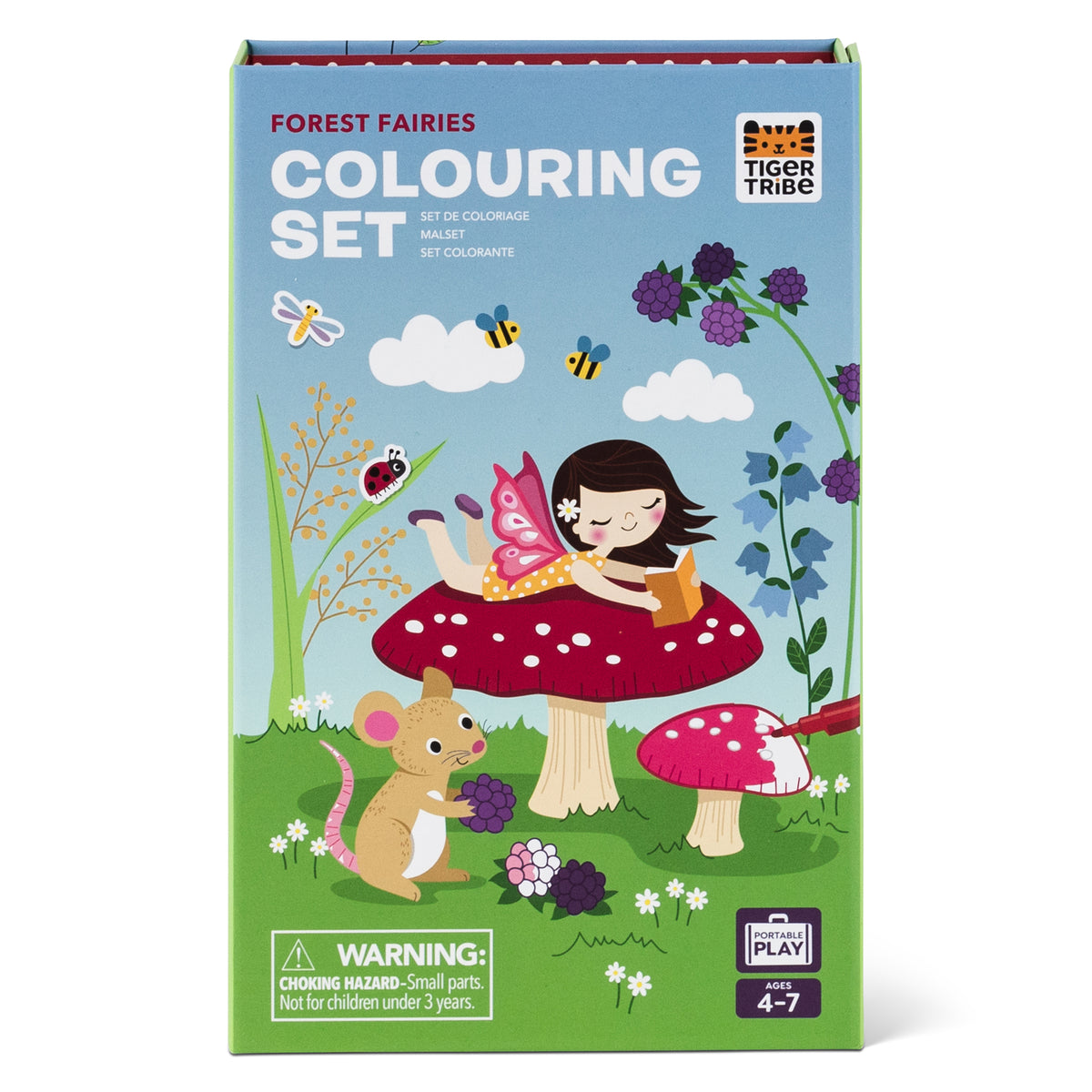 Box of Forest Fairies Colouring Set with illustrations of a fairy and mouse on a mushroom.