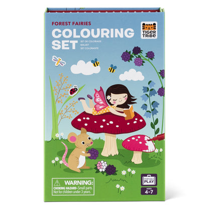 Box of Forest Fairies Colouring Set with illustrations of a fairy and mouse on a mushroom.