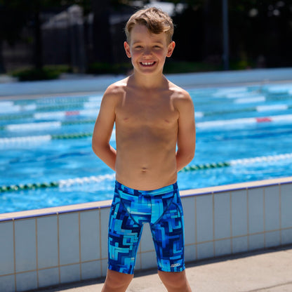 Funky Trunks You Blued toddler boys Miniman jammers in blue print, shown from the front