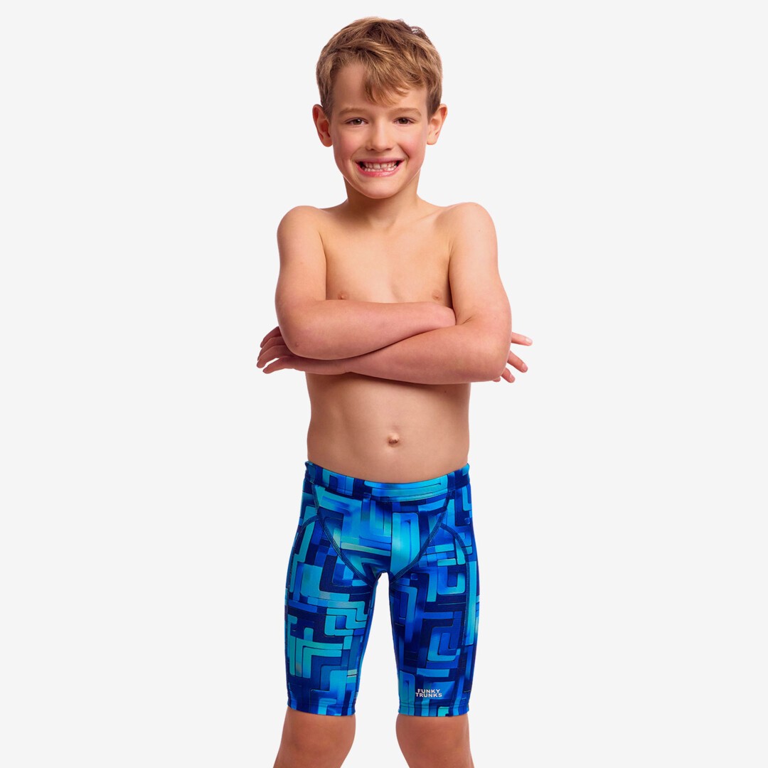 Funky Trunks You Blued toddler boys Miniman jammers in blue print, shown from the front