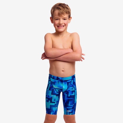 Funky Trunks You Blued toddler boys Miniman jammers in blue print, shown from the front