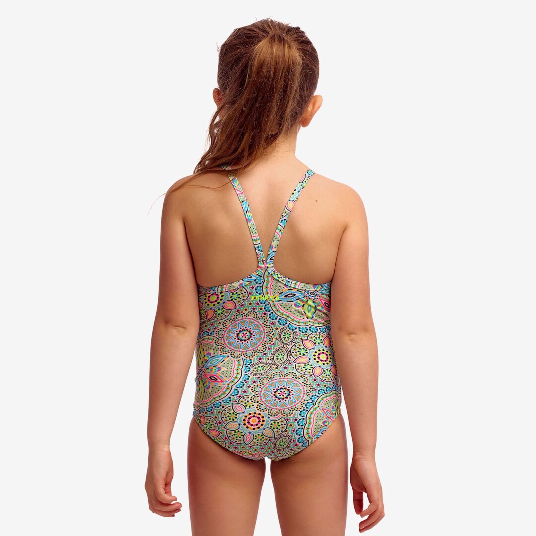 Funkita Pretti Penny toddler girls one piece swimsuit in a colourful print, shown from the front with full back coverage