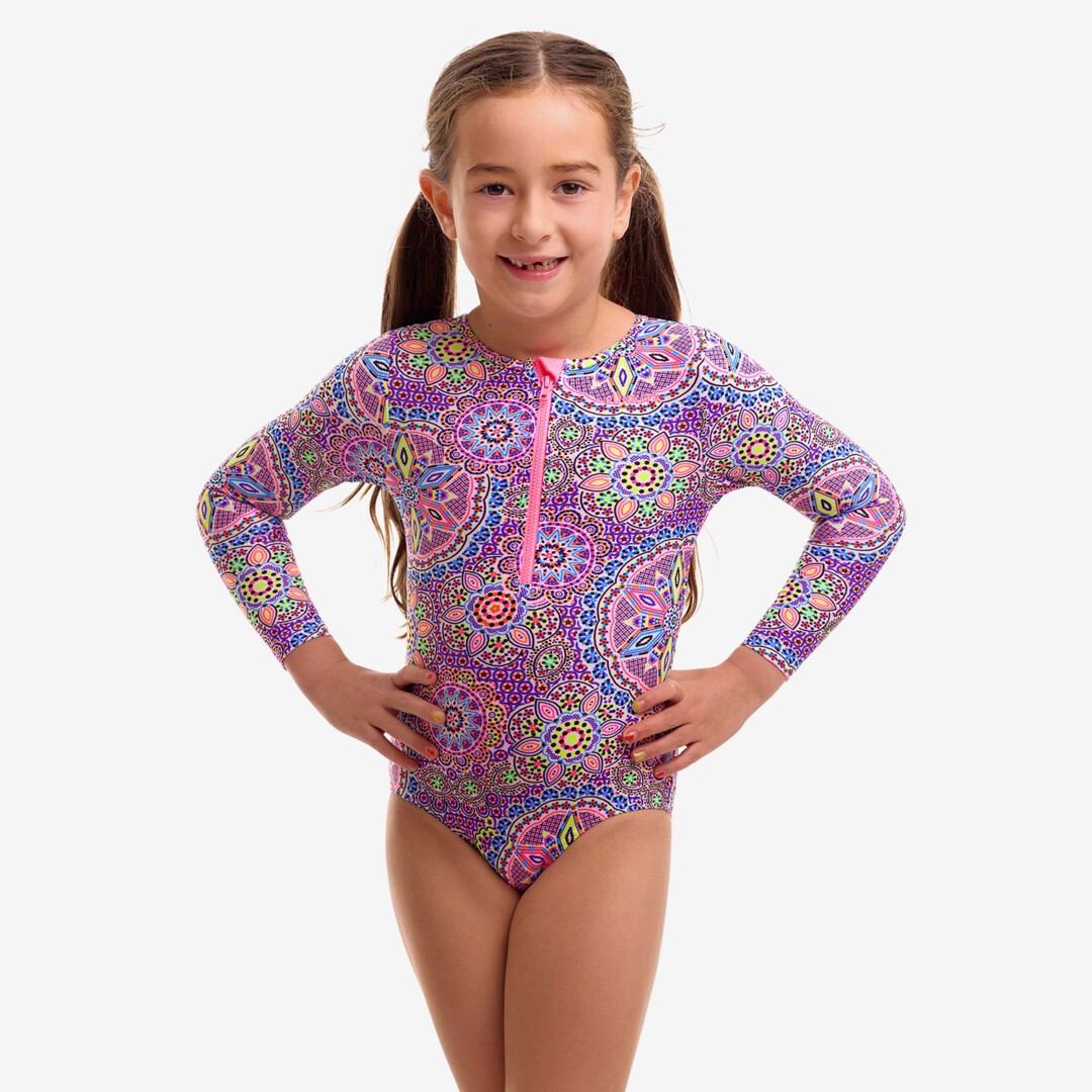 Funkita Love Lacy toddler girls sun cover one piece swimsuit with long sleeves and front zip, shown from the front