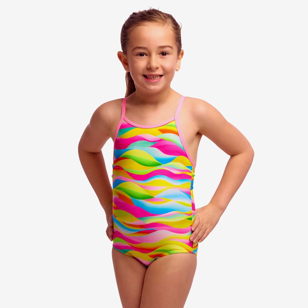 Funkita Maybe Wavy toddler girls one piece swimsuit in a blue wave print, shown from the front