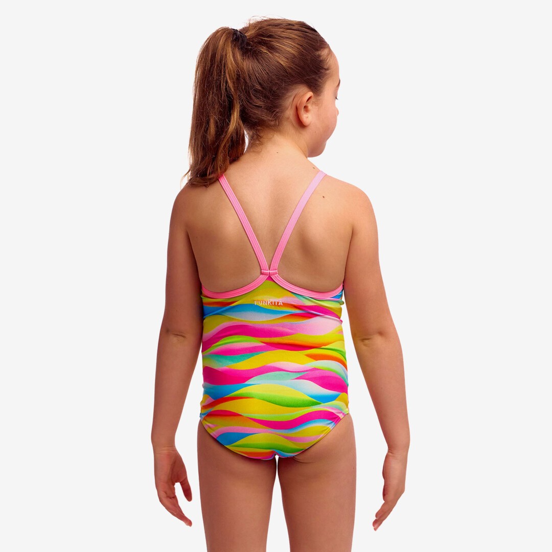 Funkita Maybe Wavy toddler girls one piece swimsuit in a blue wave print, shown from the front
