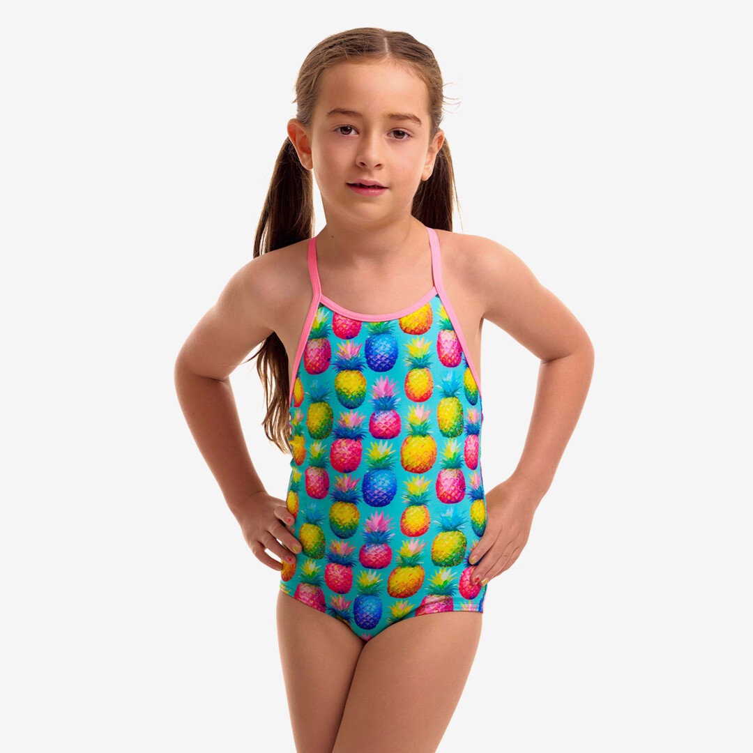 Funkita Punchy Bunch toddler girls one piece swimsuit in a bright citrus print, shown from the front
