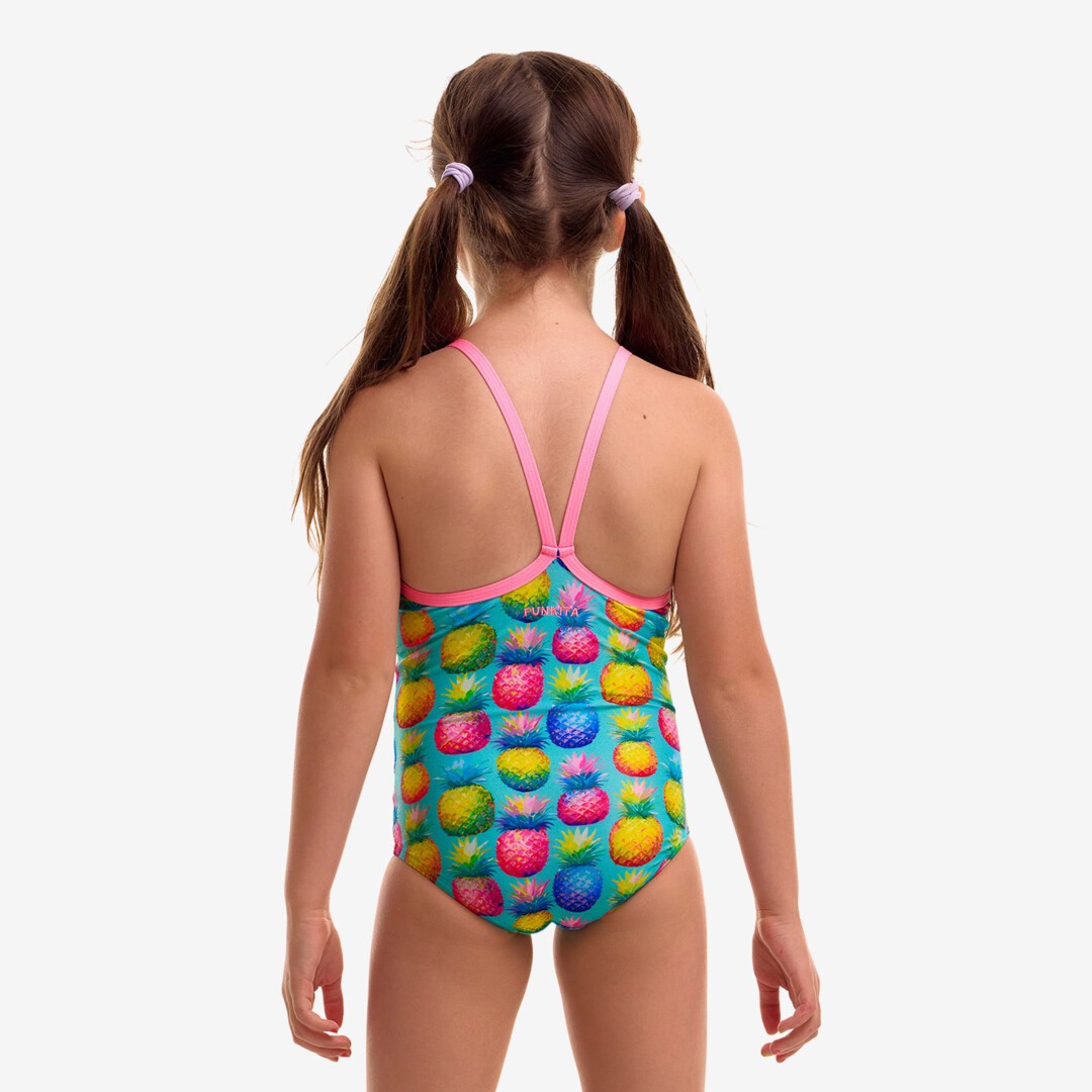 Funkita Punchy Bunch toddler girls one piece swimsuit in a bright citrus print, shown from the front