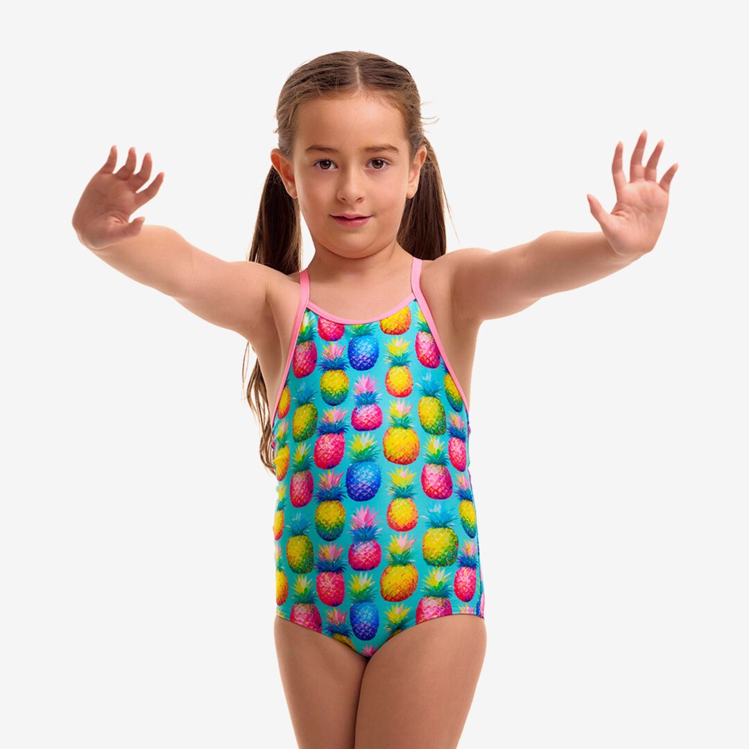 Funkita Punchy Bunch toddler girls one piece swimsuit in a bright citrus print, shown from the front