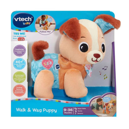 VTech Baby Walk and Wag Puppy soft interactive plush toy with walking movement, wagging tail, songs and sounds for babies 9 to 36 months