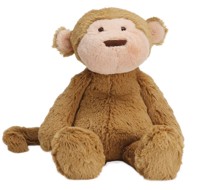 A plush stuffed monkey toy in warm brown with a pale pink face and ears, sitting against a plain white background.