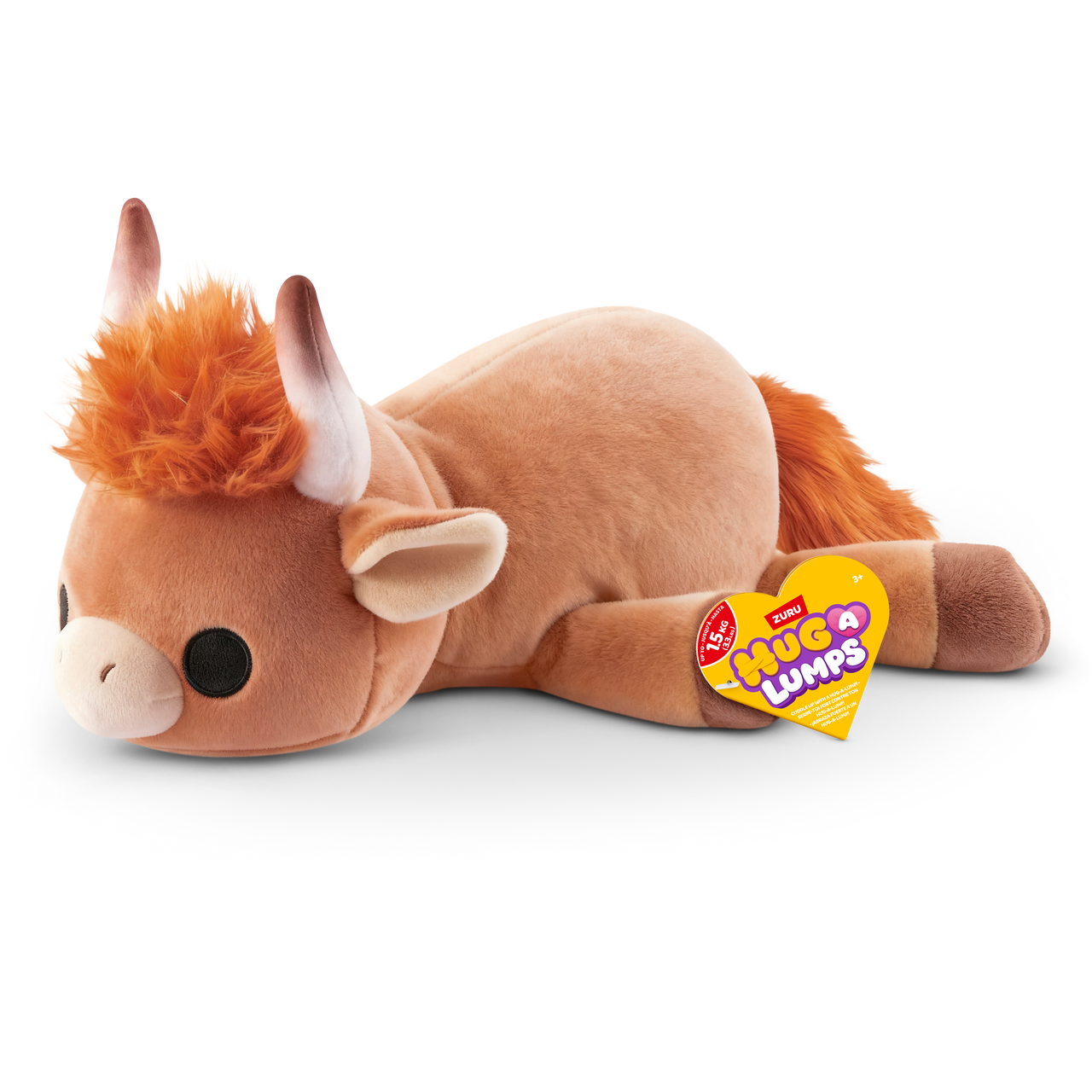 ZURU Hug-a-Lumps weighted fluffy plush Highland cow soft toy with soft brown fur, fluffy orange hair and horns, super soft sensory comfort plush for kids.