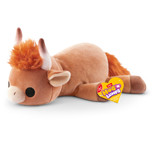 ZURU Hug-a-Lumps weighted fluffy plush Highland cow soft toy with soft brown fur, fluffy orange hair and horns, super soft sensory comfort plush for kids.