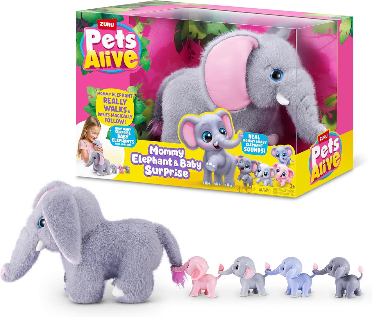 ZURU Pets Alive Mommy Elephant and Baby Surprise interactive walking elephant toy with surprise baby elephants and realistic sounds