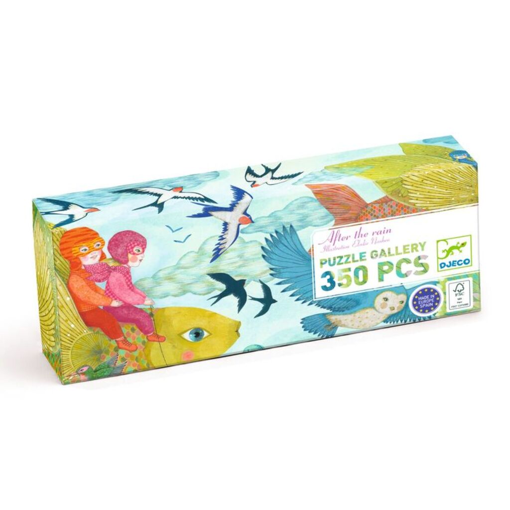 After the Rain 350-piece Djeco jigsaw puzzle featuring flying fish, hot-air balloon ducks and shimmering-winged birds