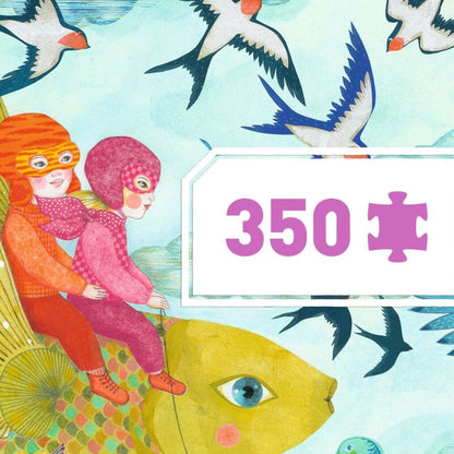 completed Djeco After the Rain panoramic puzzle showing a colourful dreamlike sky filled with flying animals