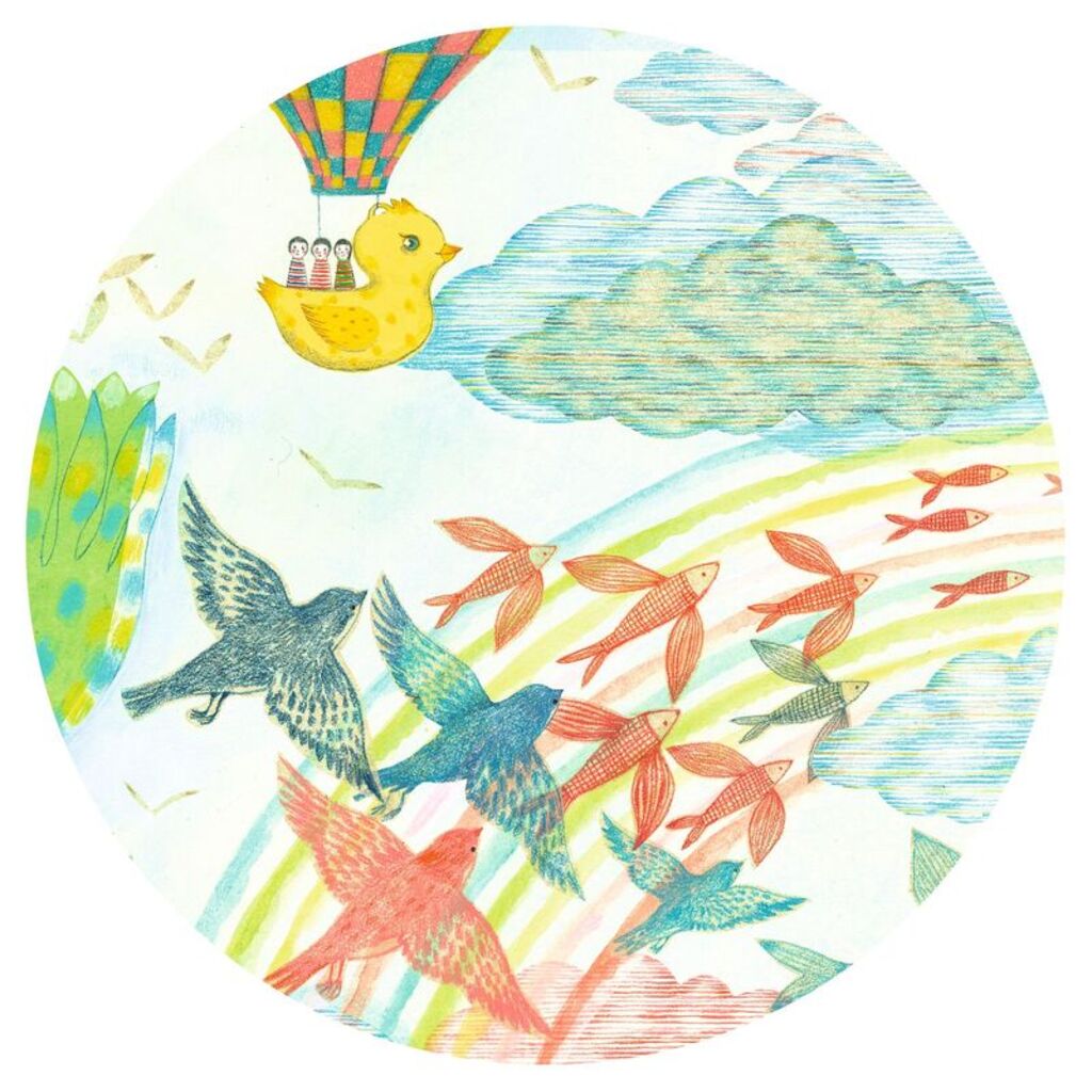 close-up detail of the After the Rain illustration showing flying fish and shimmering birds