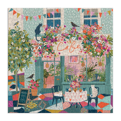 Colorful puzzle of a cafe scene with flowers and cats.