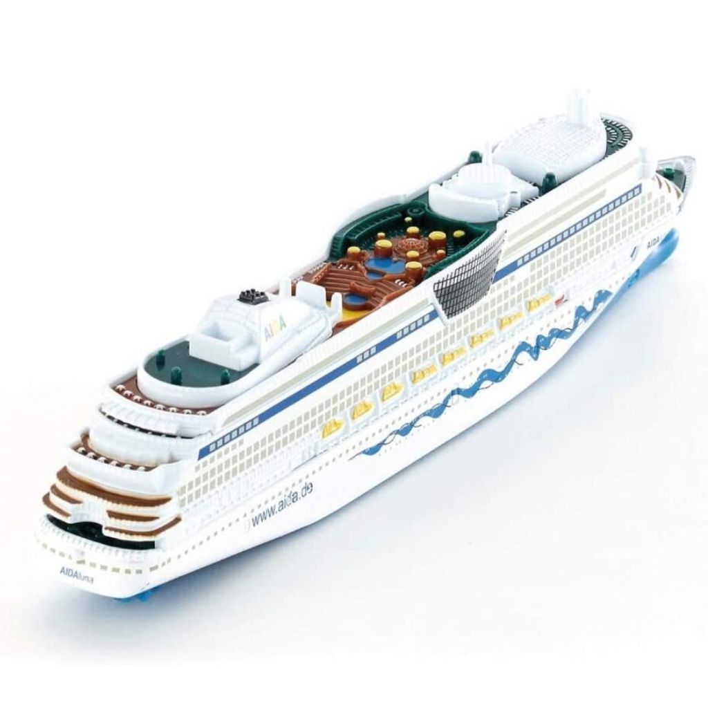 Close-up of the detailed superstructure and upper decks on the Siku 1:1400 scale AIDA cruise ship model