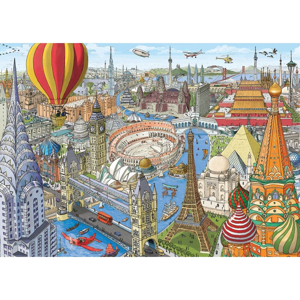 Completed Around the World in 80 Days jigsaw showing Phileas Fogg's race by steamship, train and elephant